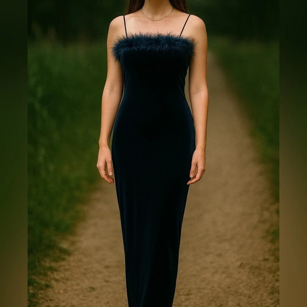 Vintage 90s Y2K Roberta Velvet Maxi Dress Gown Marabou Feather Trim Navy Blue M